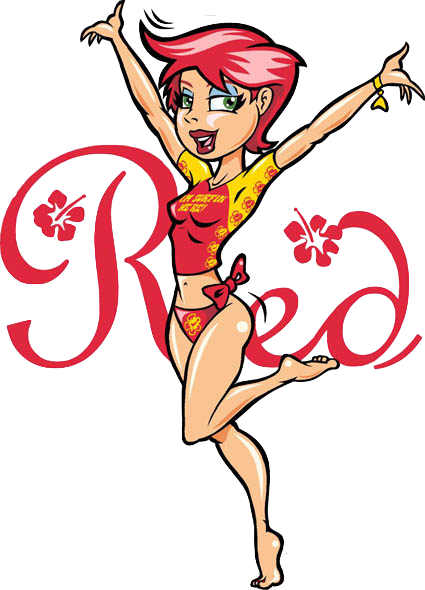 Red, cartoon surf character with arms raised